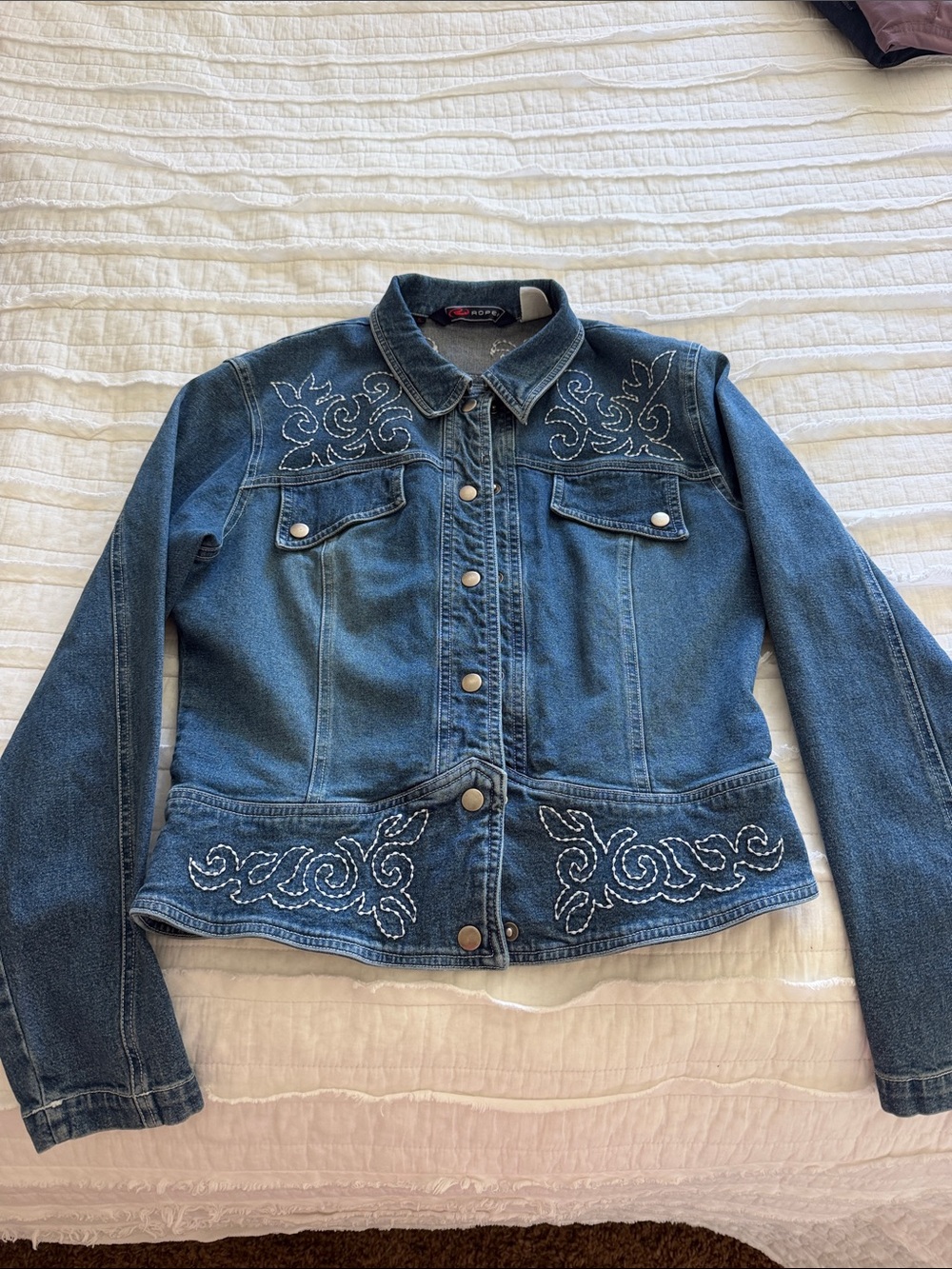 Embellished Blue Denim Roper Jacket with Scroll Stitching